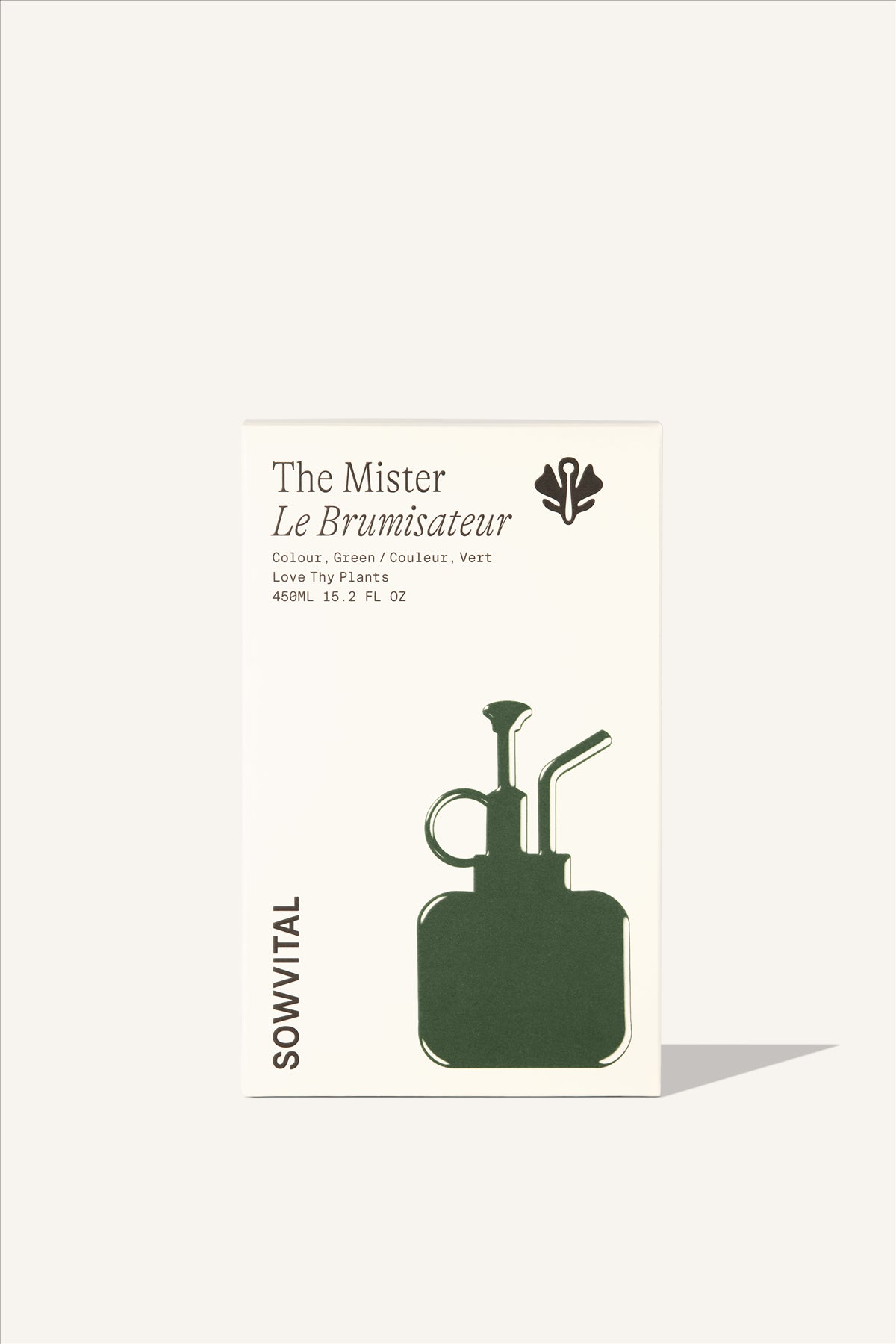 A tall rectangular beige fedrigoni paper box with an embossed green illustration of the houseplant mister that is contained within.