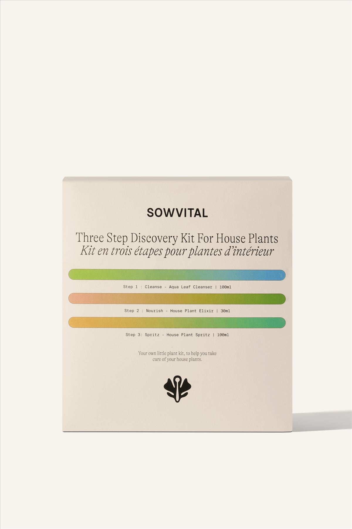A square fedrigoni paper box, with three colourful gradient bars running horizontally across the front, representing the 3 products contained within the Three Step Discovery Kit For House Plants. The Aqua Leaf Cleanser, House Plant Elixir, and House Plant Spritz.