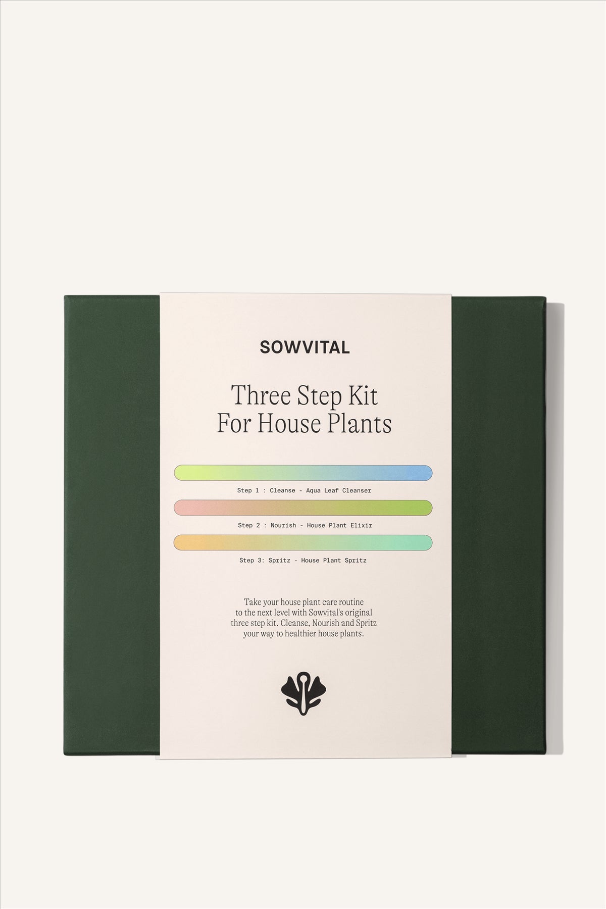 A square dark green box with a beige band wrapped vertically around it labelled with "Three Step Kit For House Plants".