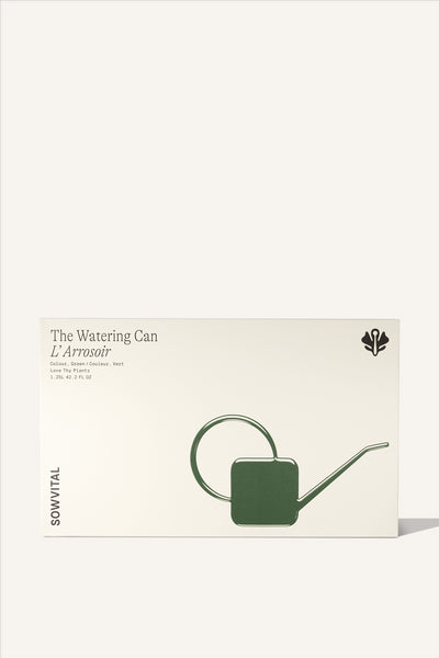 A wide rectangular box with a green embossed illustration of the watering can contained within.