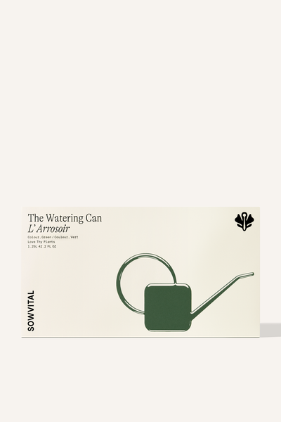 A wide rectangular box with a green embossed illustration of the watering can contained within.