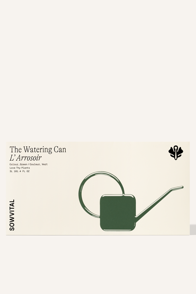 A wide rectangular box with an embossed green illustration of the Sowvital watering can.