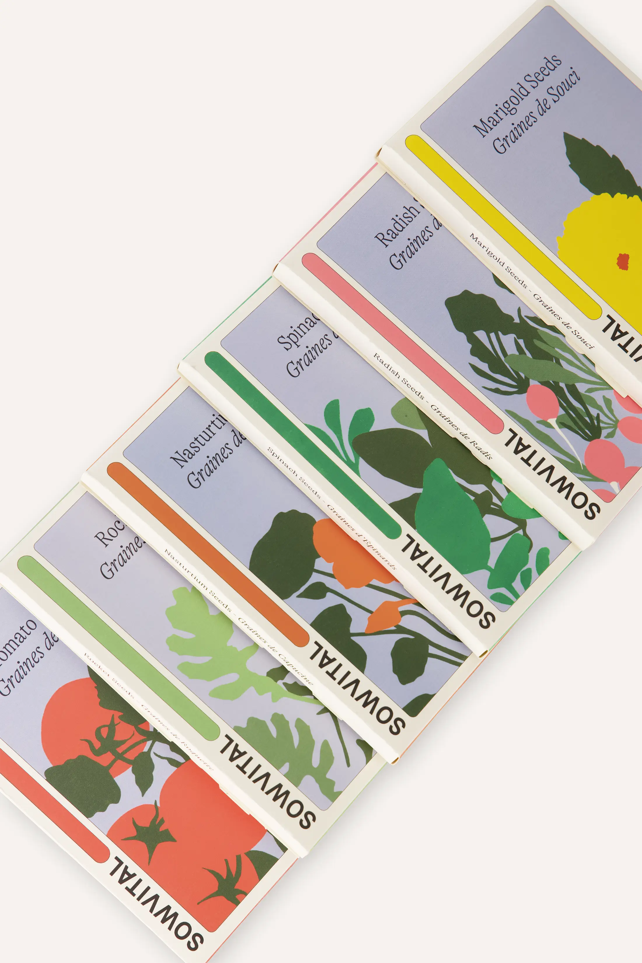 The Sowvital wellness seed collection that includes: tomato, rocket, nasturtium, spinach, radish and marigold seeds.