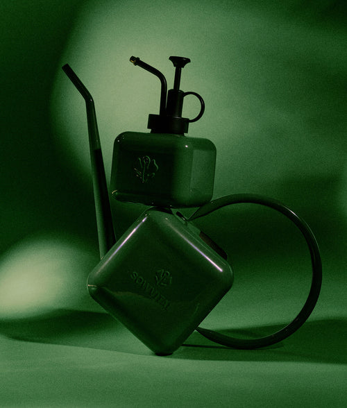 Green gardening mister and watering can on a green background