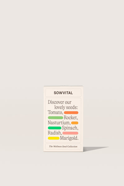 Sowvital the wellness seeds collection. And there are tomato, rocket, nasturtium, spinach, radish and marigold seeds.